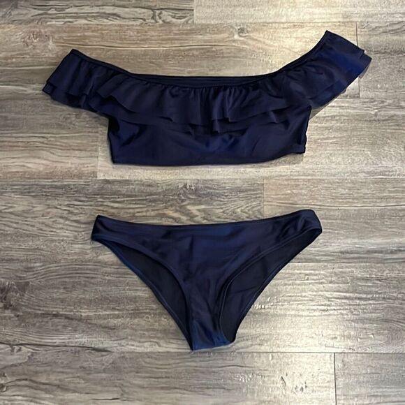 Cupshe Navy Blue Off The Shoulder 2 Piece Bikini Swimsuit Medium - Picture 2 of 5